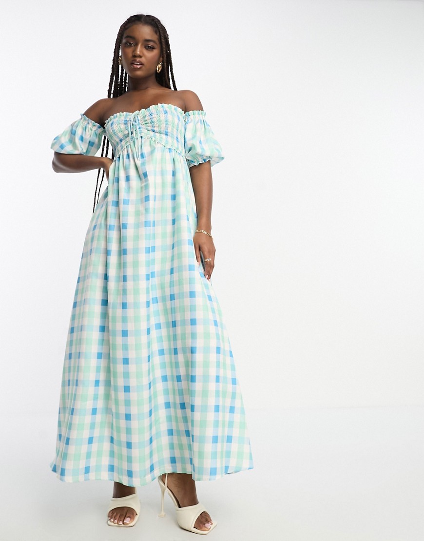 The Frolic check off-shoulder shirred maxi dress in blue