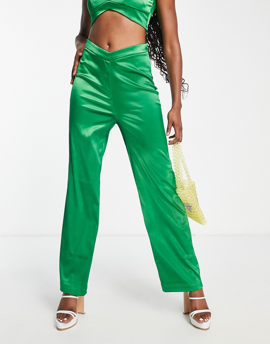 The Frolic notch detail satin trouser co-ord in jade green