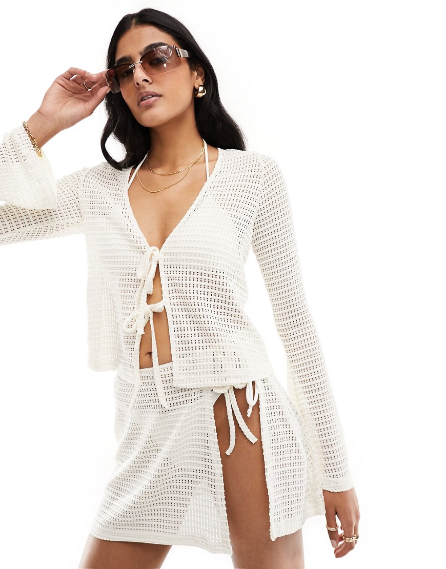 The Frolic pasha tie front long sleeve beach shirt co-ord in cream-White