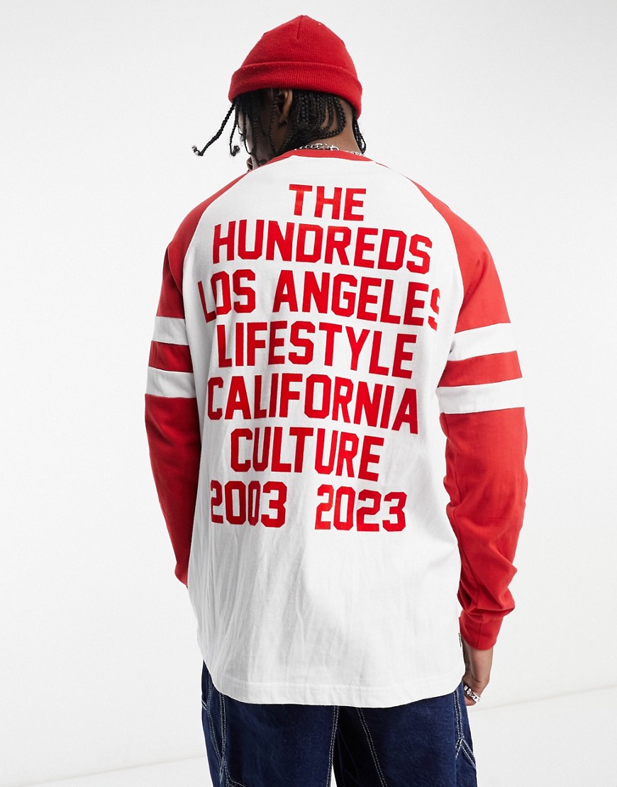 The Hundreds cannon long sleeve raglan t-shirt in red and white with back print