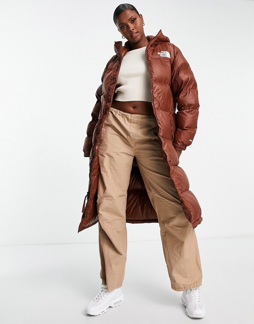 The North Face Nuptse belted long down parka coat in brown