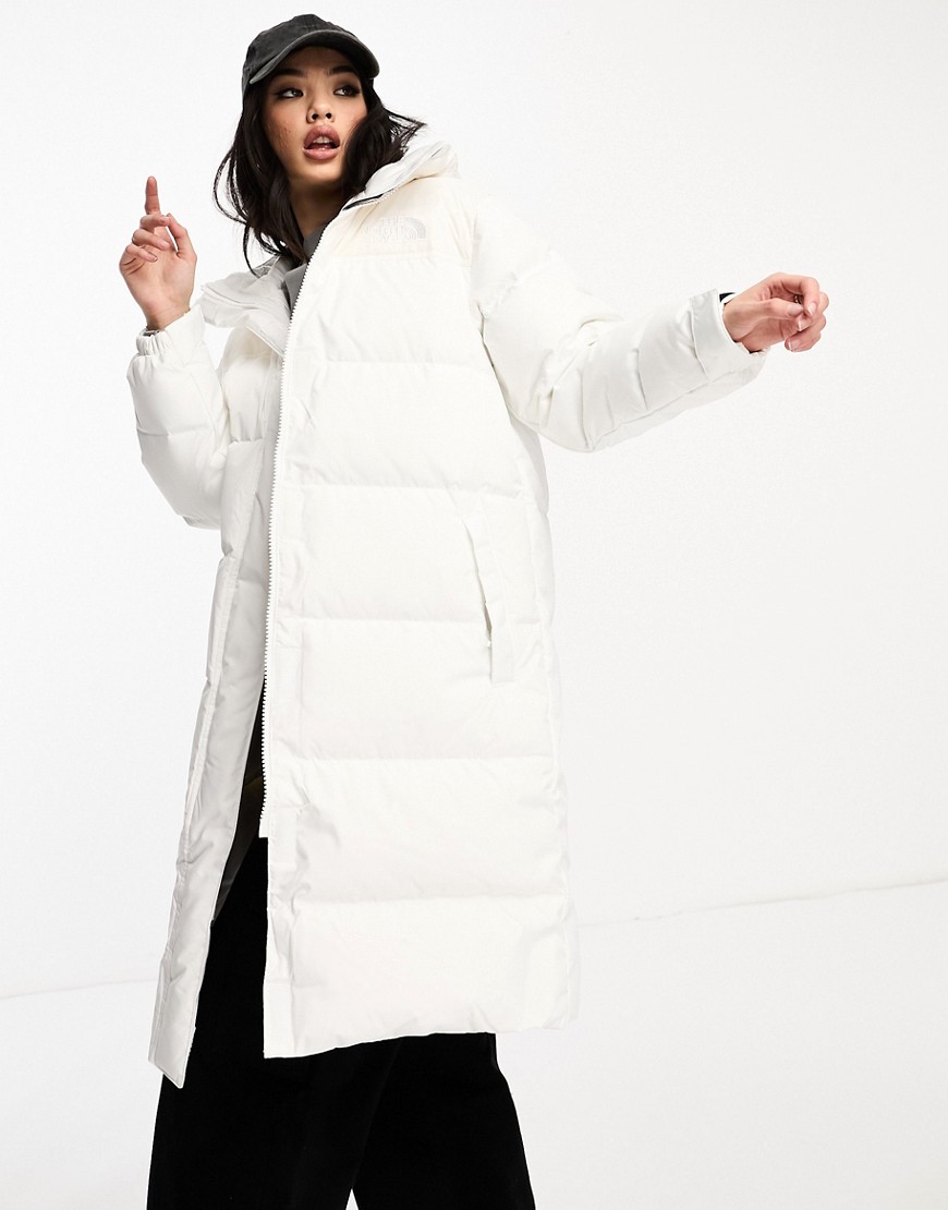 The North Face Nuptse long down puffer coat in cream-White