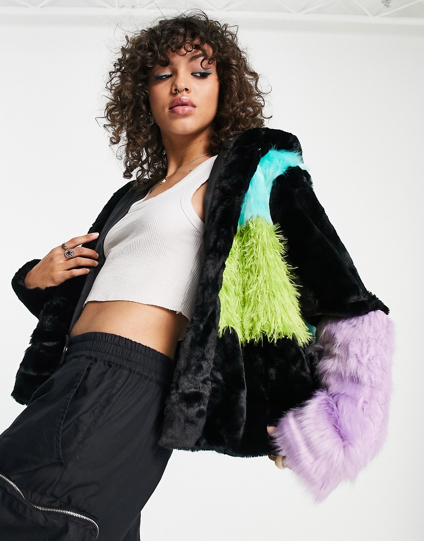The Ragged Priest multi panelled faux fur jacket in multi
