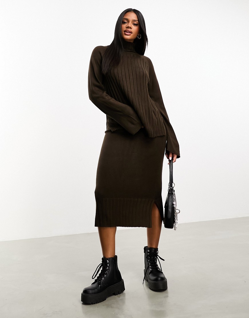 Threadbare Genine knitted midi skirt and roll neck jumper set in chocolate brown