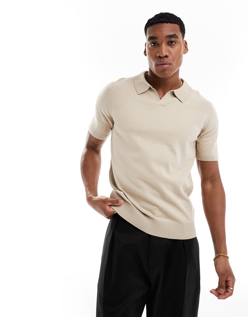 Threadbare knitted trophy neck polo in light brown