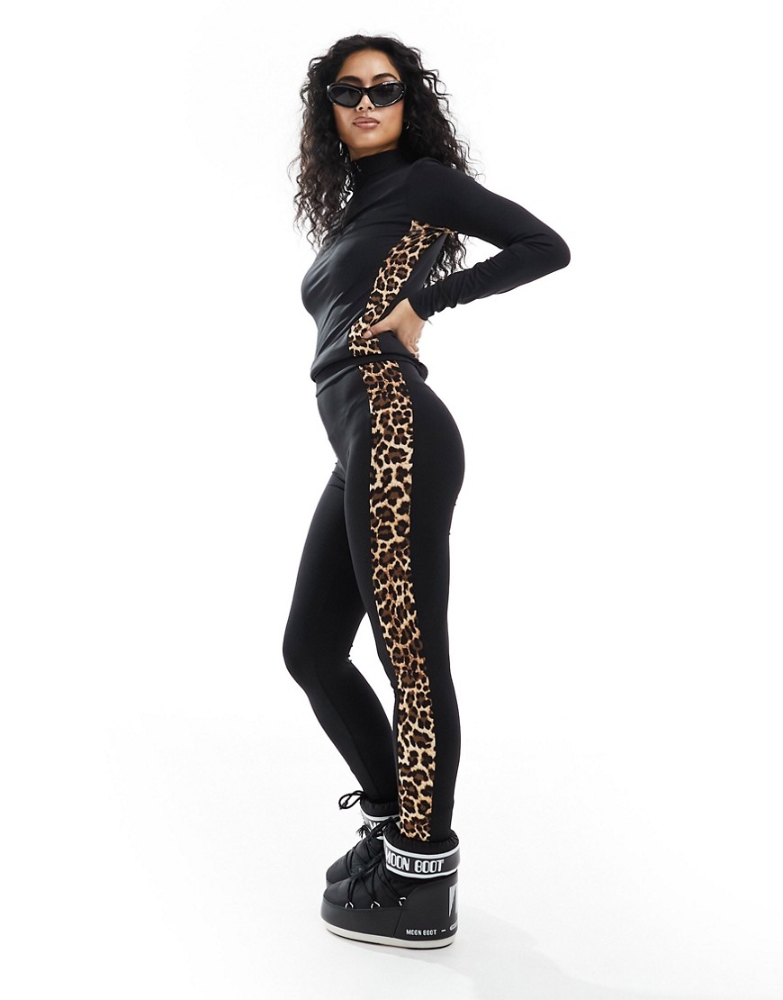 Threadbare Ski base layer top and leggings set in black with contrast leopard print