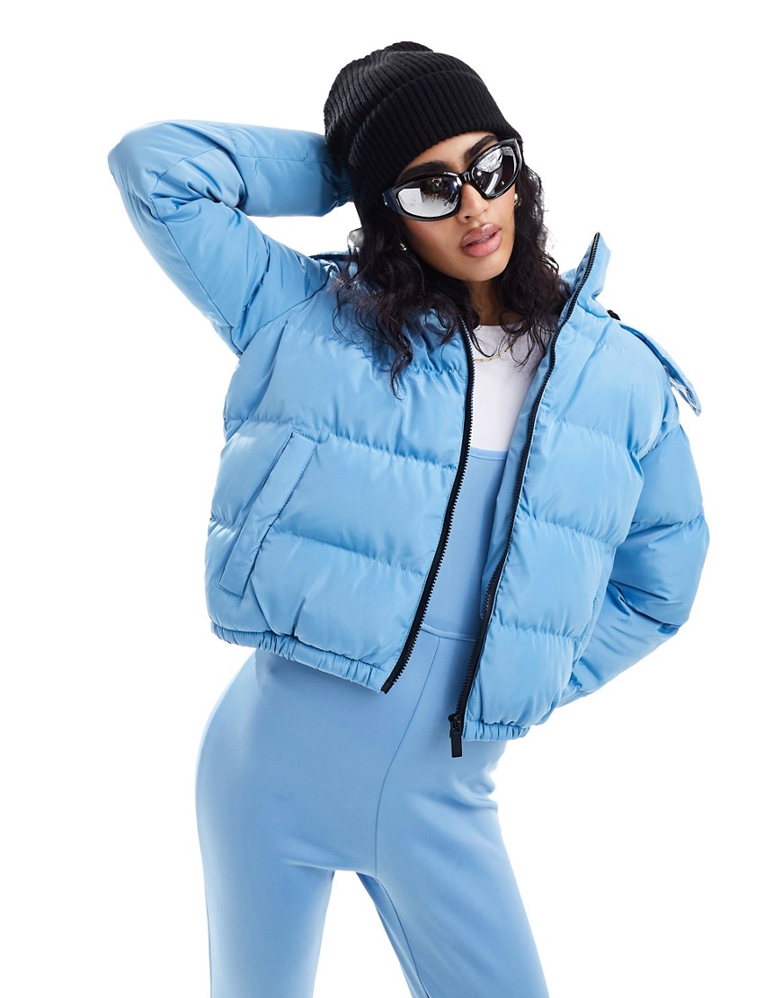 Threadbare Ski hooded puffer coat with faux fur trim in blue