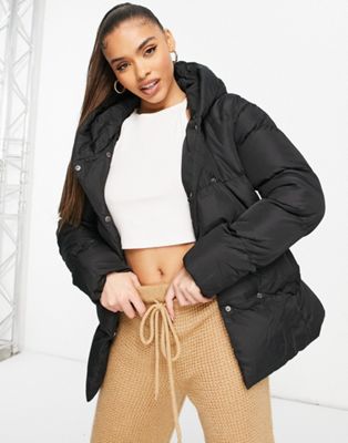 Threadbare stanley tie waist mid length puffer jacket with hood in black - Click1Get2 Promotions