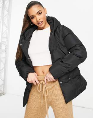 Threadbare stanley tie waist mid length puffer jacket with hood in black - Click1Get2 Sale