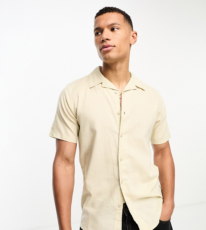 Threadbare Tall linen blend revere shirt in stone-Neutral