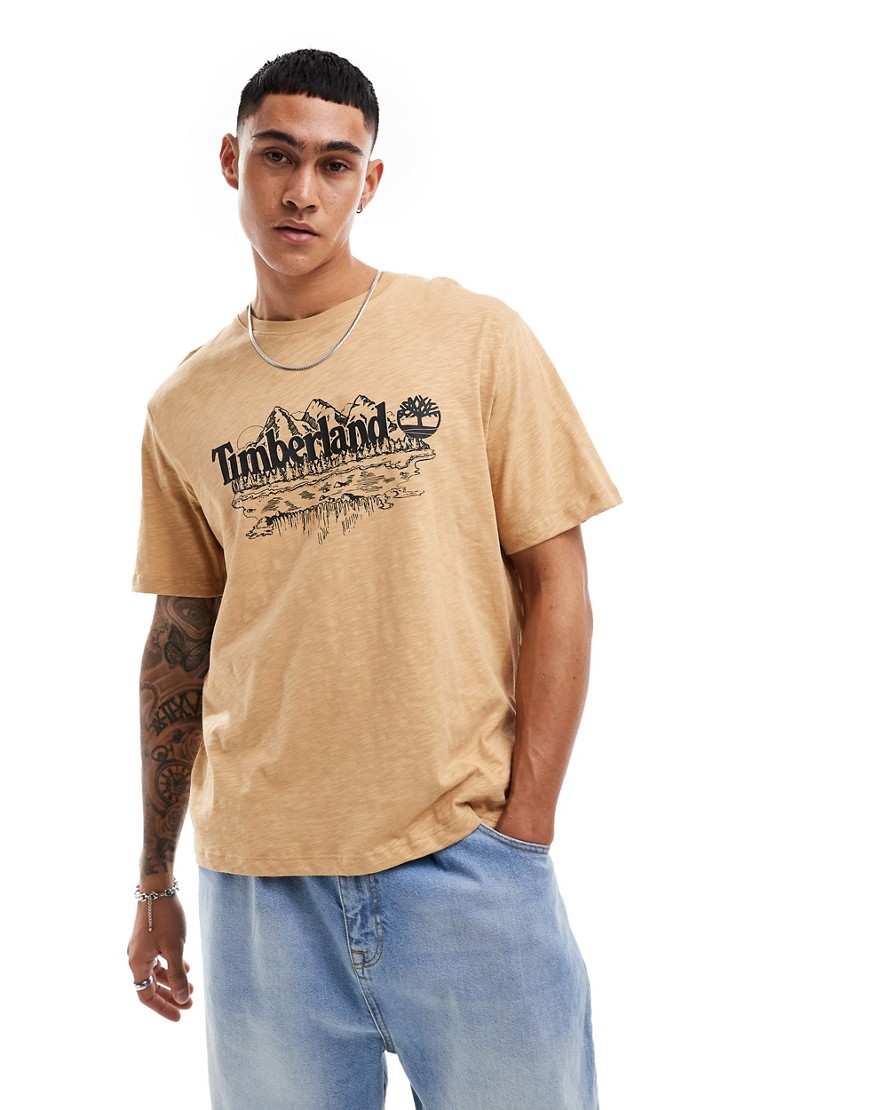 Timberland mountain front print t-shirt in beige-Brown