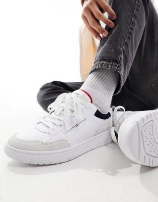 basket leather mixed media essential trainers in white