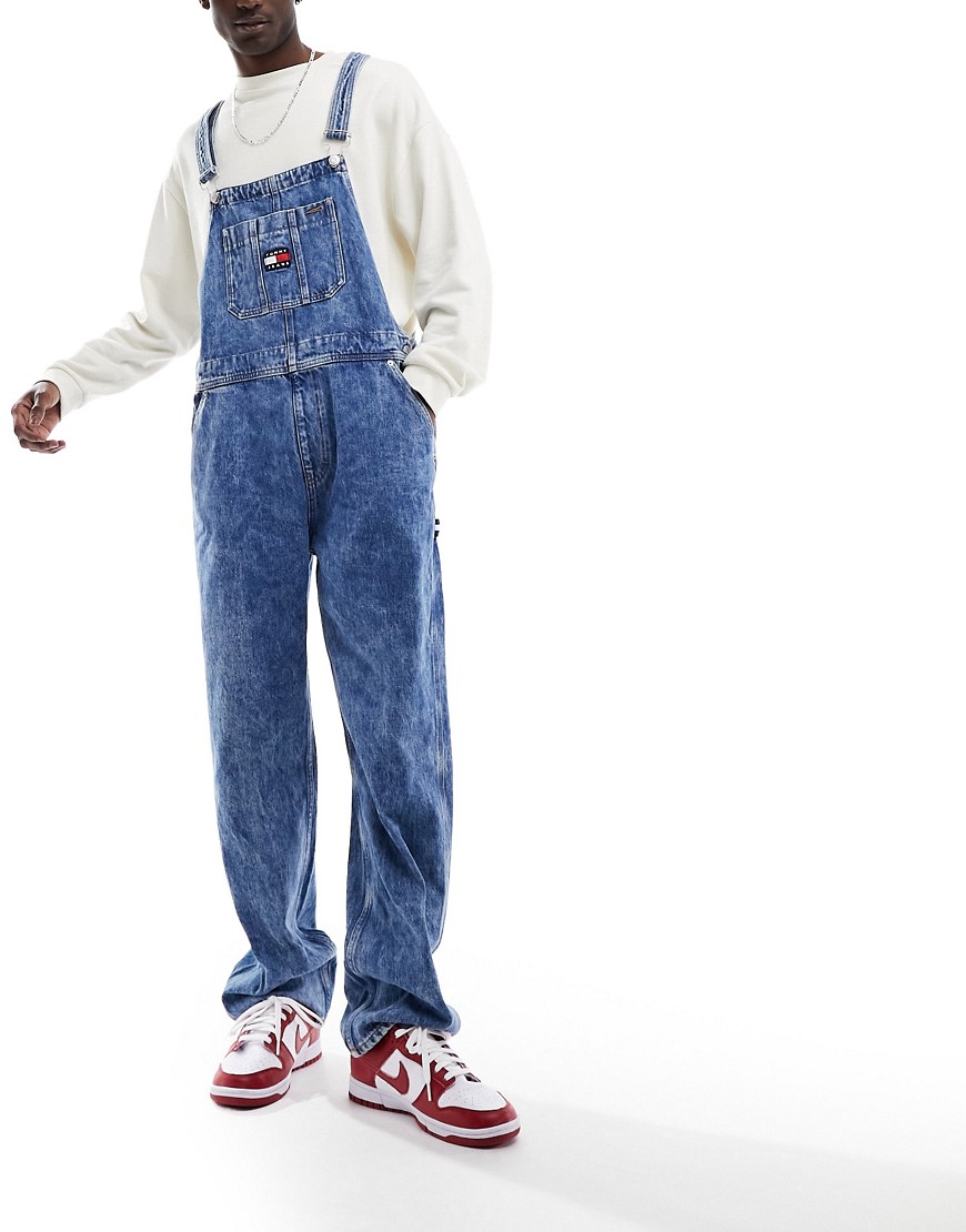 Tommy Jeans denim dungarees in mid wash-Blue