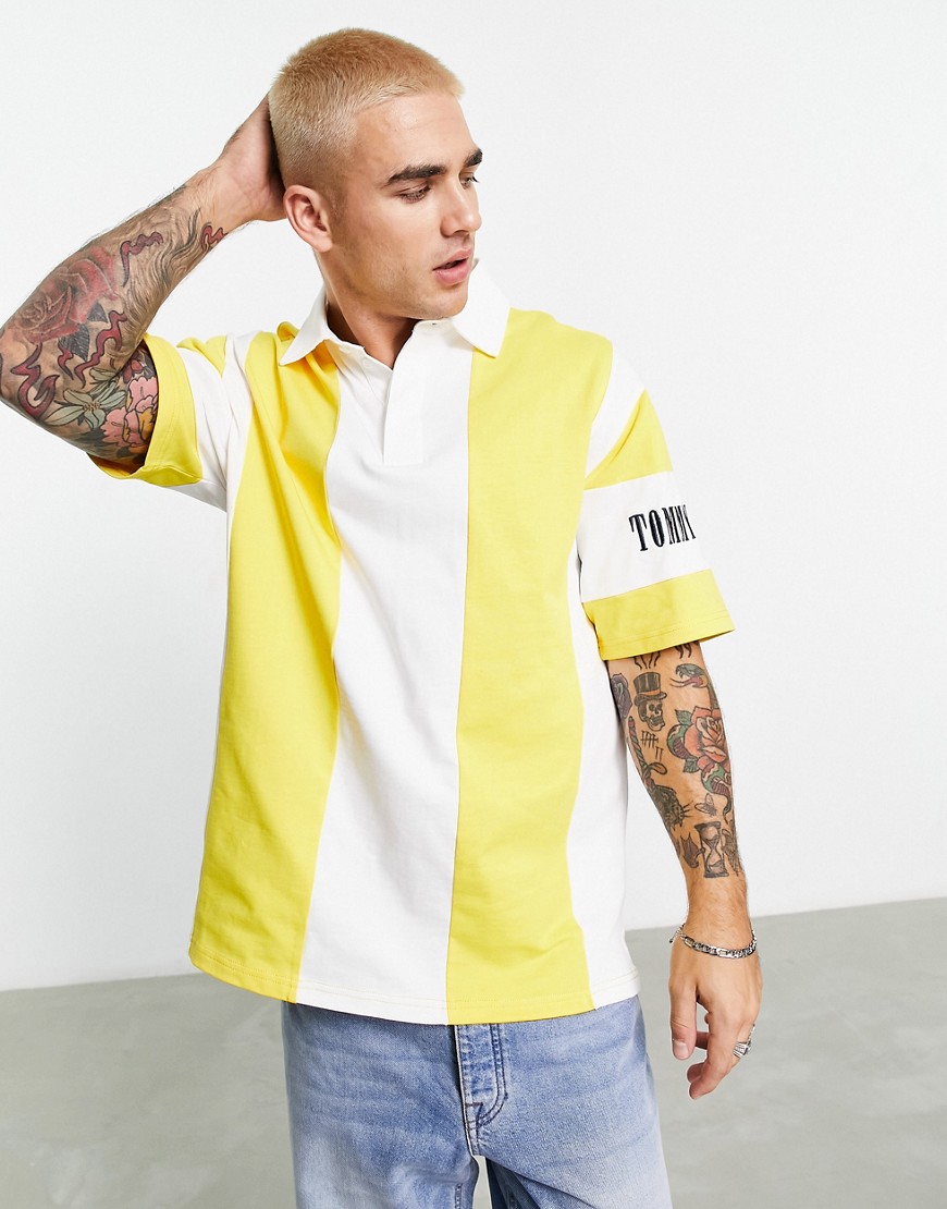 Tommy Jeans oversized archive logo poloshirt in yellow stripe