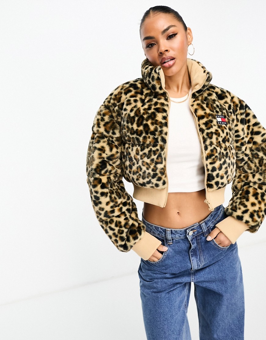 Tommy Jeans ultra cropped faux fur jacket in leopard print-Brown