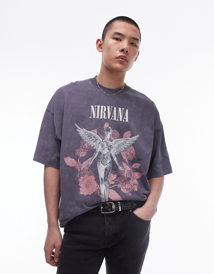 Topman extreme oversized fit t-shirt with Nirvana angel print in washed black