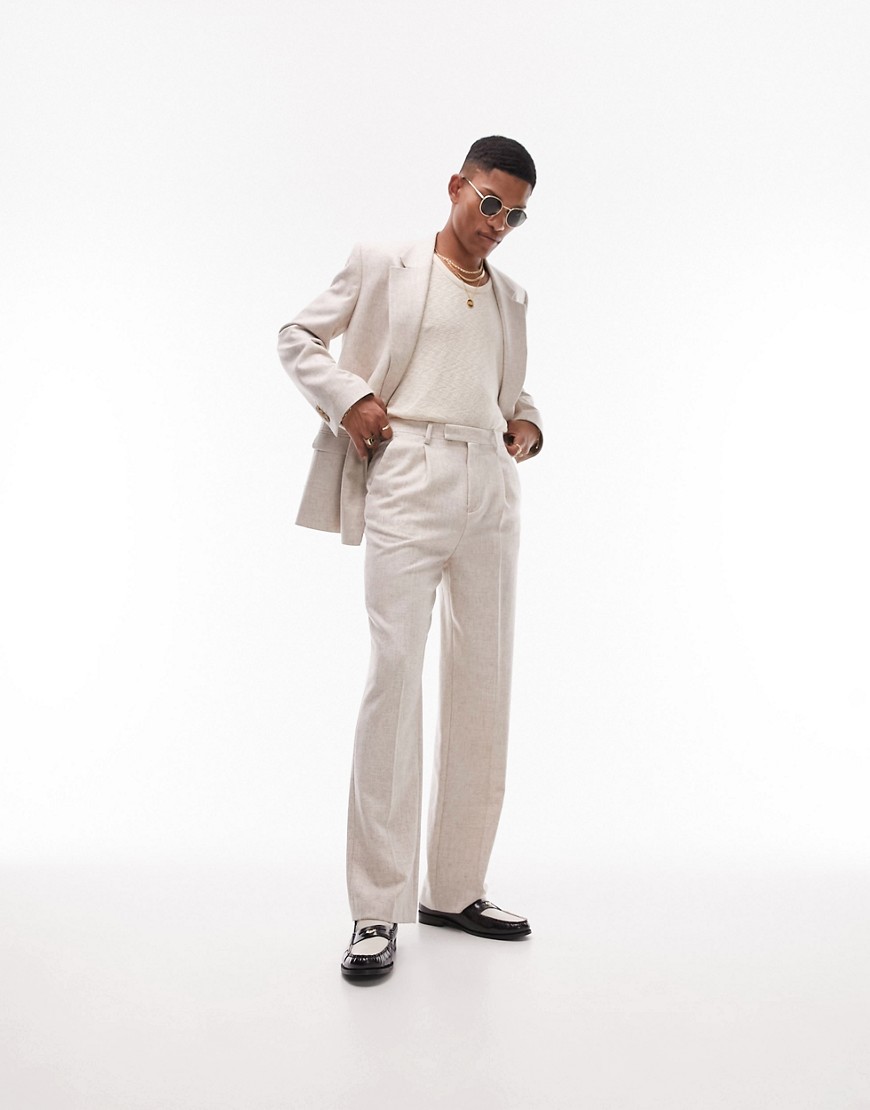 Topman high waisted wide leg wool mix suit trousers in ecru-White