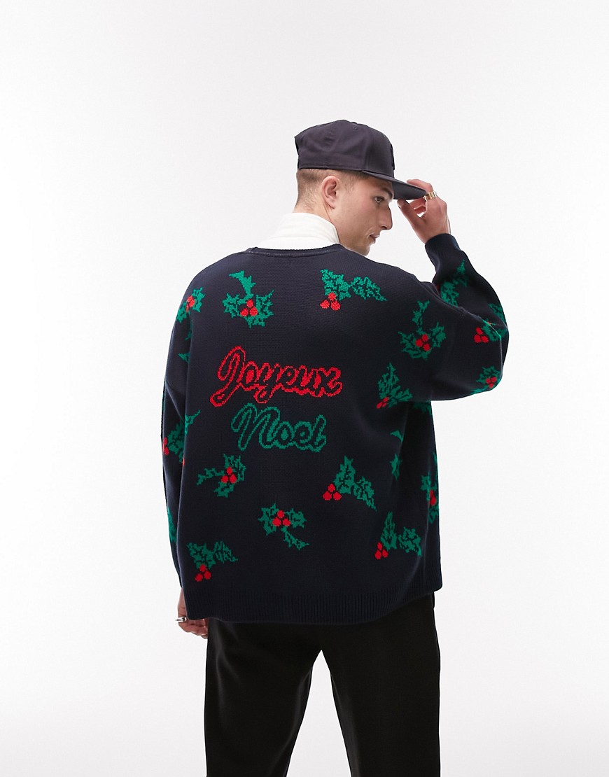Topman knitted Christmas cardigan with all over holly joyeux noel in navy