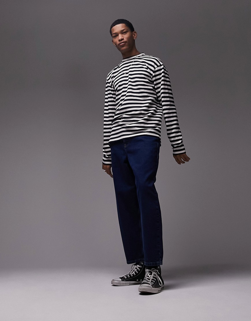 Topman long sleeve oversized stripe t-shirt with pocket in white and navy