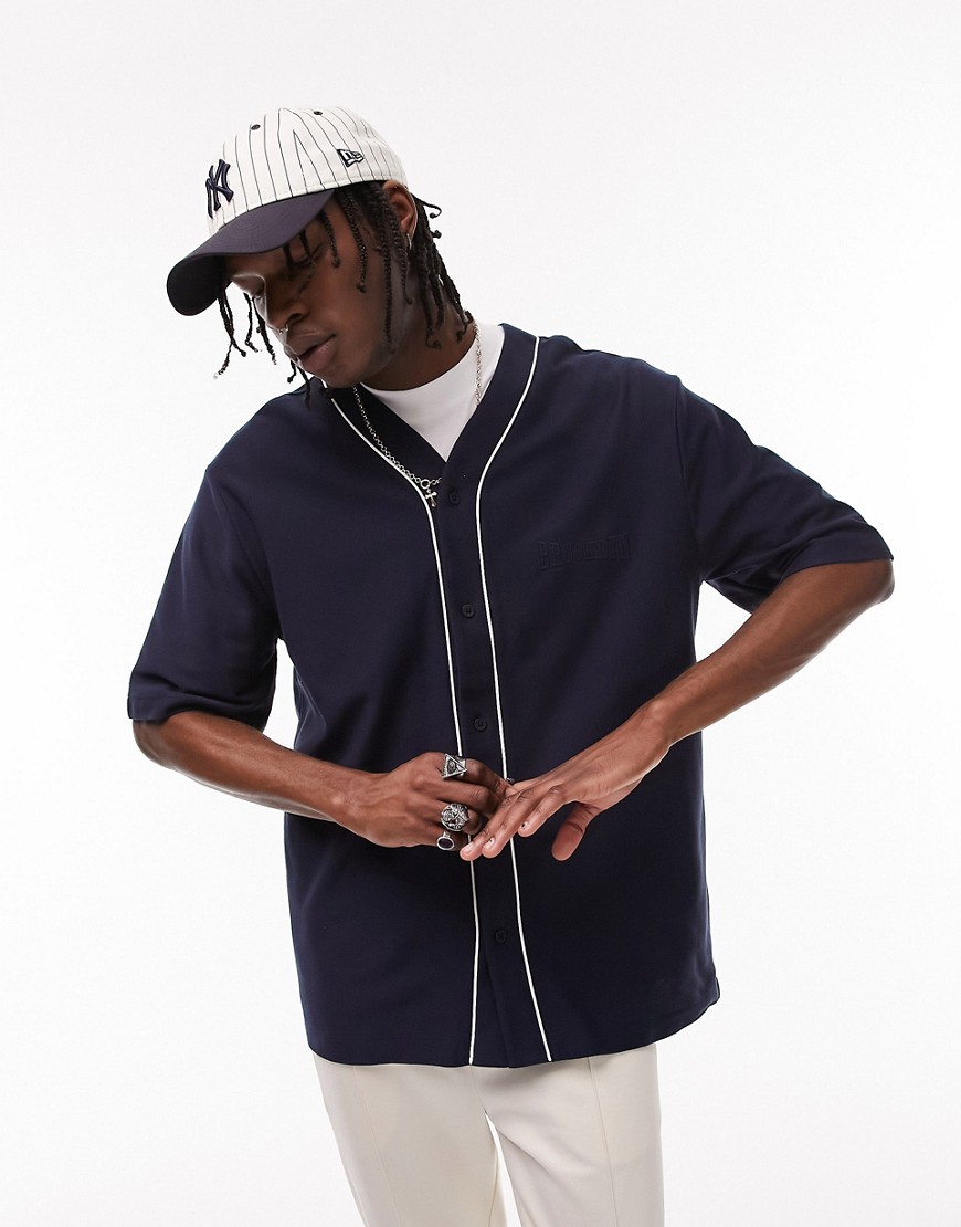 Topman oversized baseball t-shirt with Brooklyn embroidery in navy