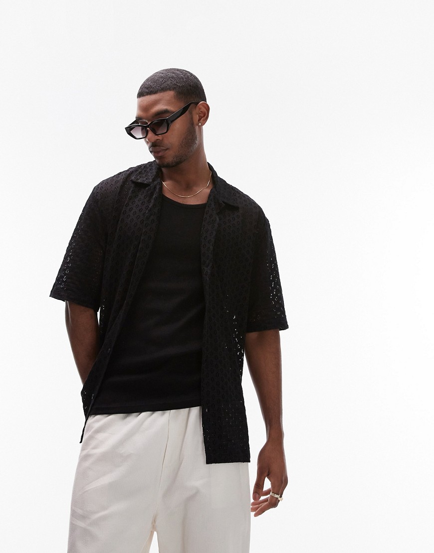 Topman oversized fit button through jersey crochet polo in black