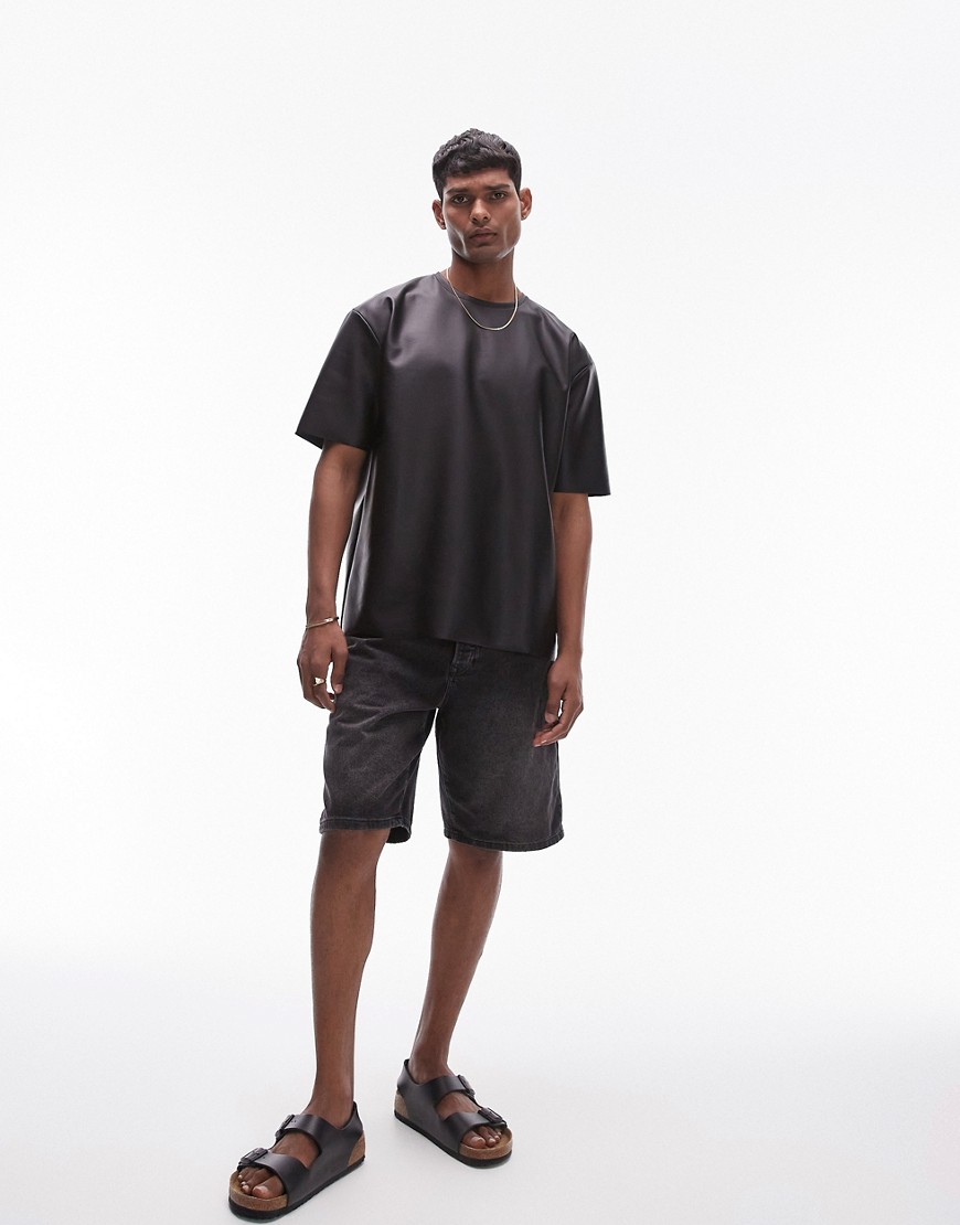 Topman oversized fit faux leather t-shirt in black