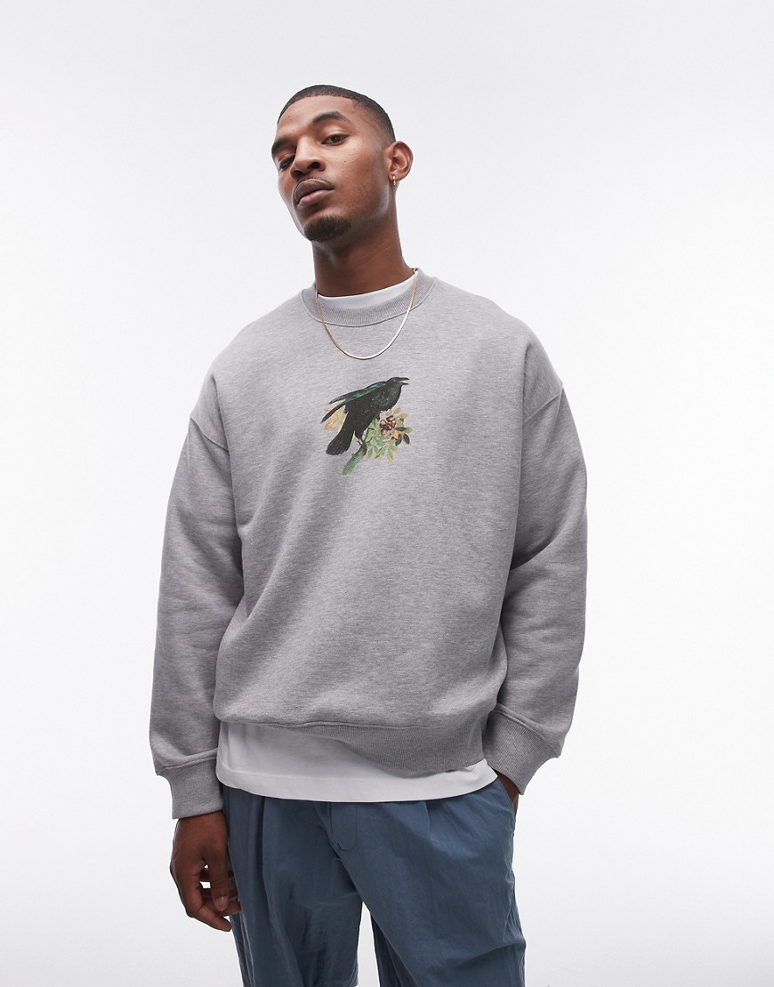 Topman oversized fit sweatshirt with crow print in grey marl