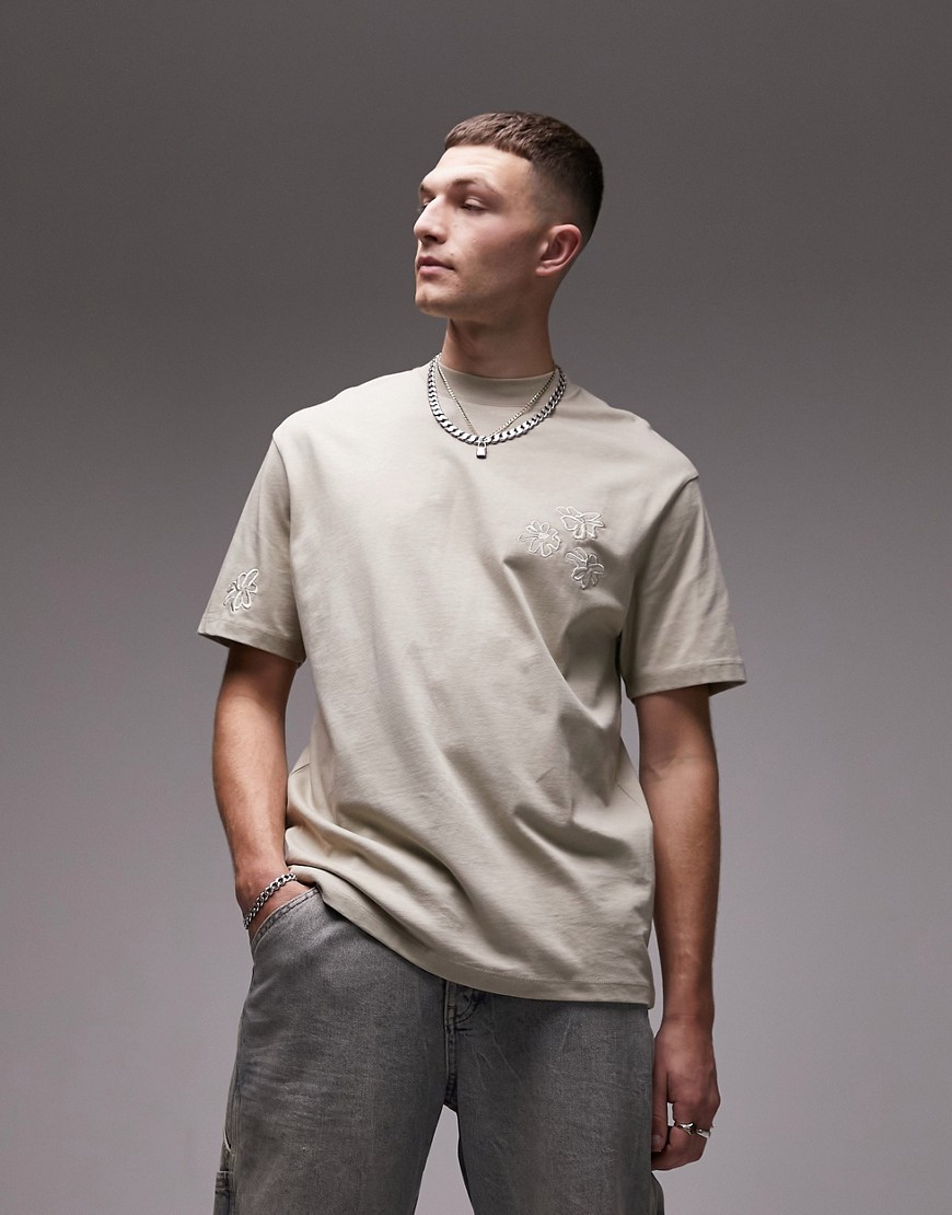 Topman oversized fit t-shirt with floral placement embroidery in stone-Neutral