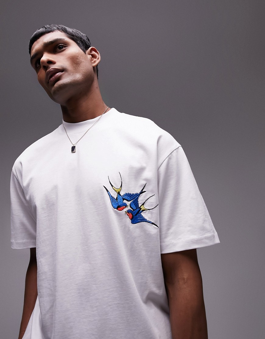 Topman oversized t-shirt with tattoo swallow embroidery in white