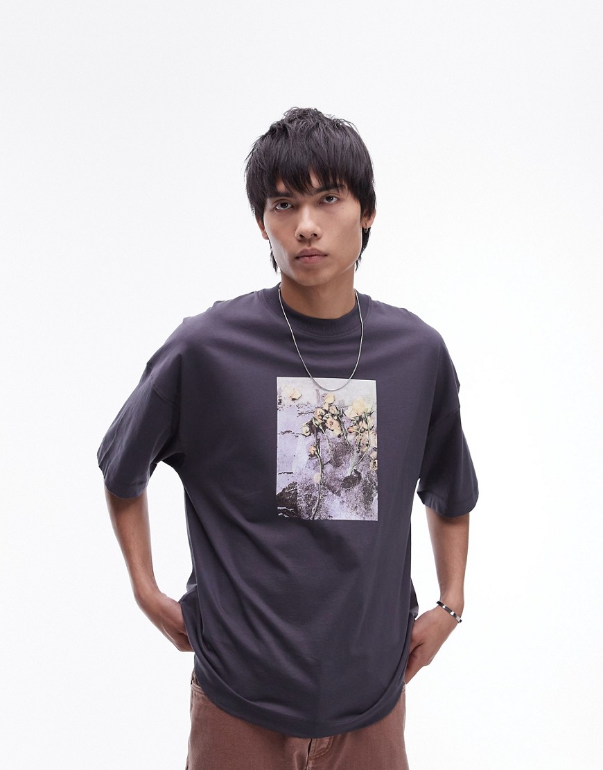 Topman premium extreme oversized fit t-shirt with frozen floral print in charcoal-Grey