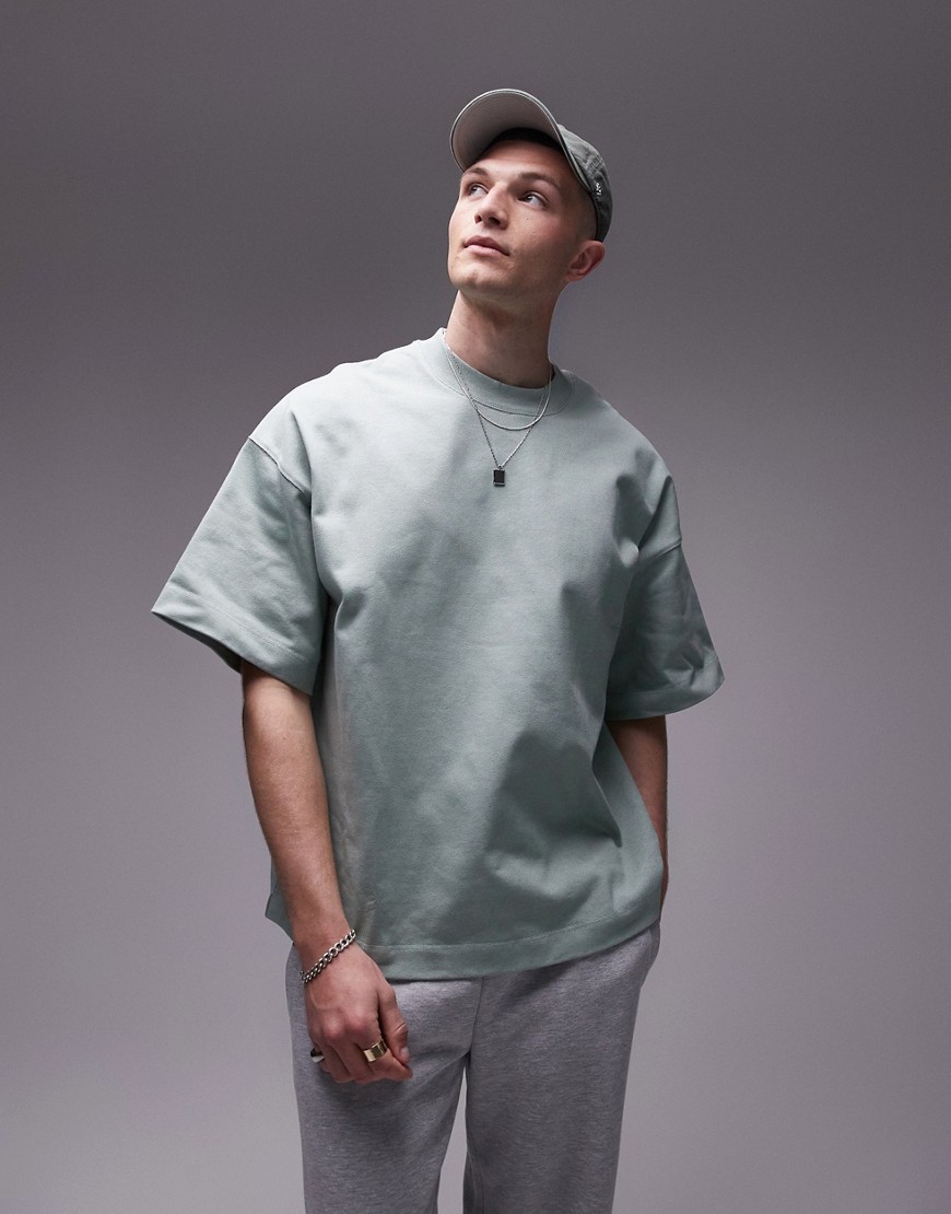 Topman premium heavyweight oversized fit t-shirt with dropped shoulder in sage-Green