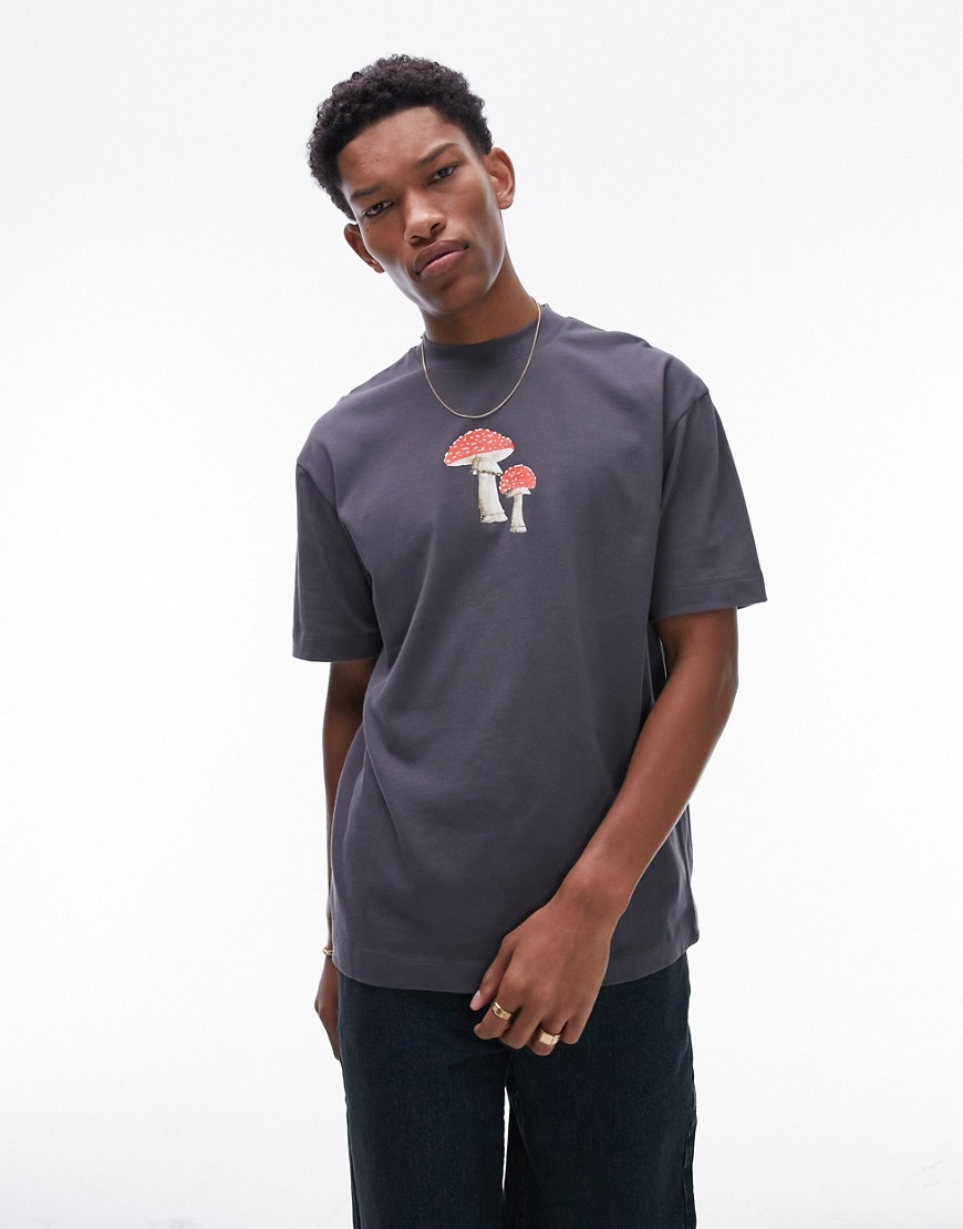 Topman premium oversized fit t-shirt with painted mushroom print in charcoal-Grey