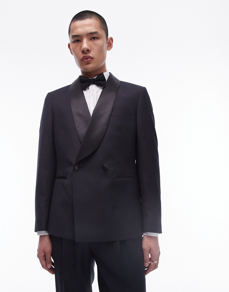 Topman premium wool rich tux suit jacket in black