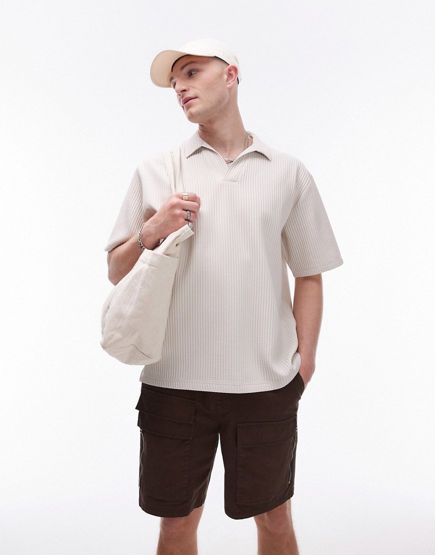 Topman short sleeve plisse polo shirt in light grey