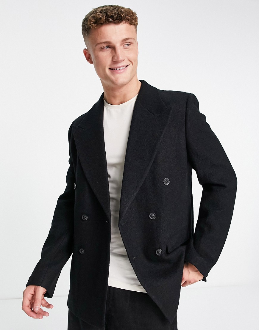 Topman skinny double breasted four button wool mix teddy blazer in black