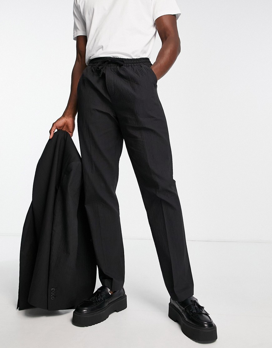 Topman skinny ribbed suit trousers with elasticated waist in black