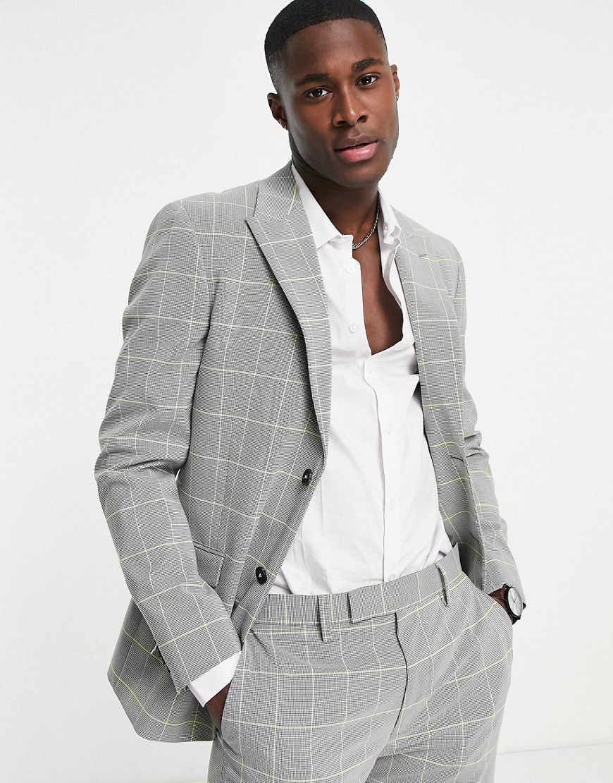 Topman skinny single breasted suit jacket in grey and lime check