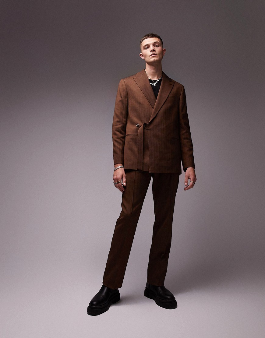 Topman straight wool mix herringbone suit trousers in brown