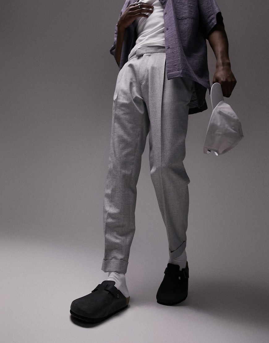 Topman tapered linen mix trousers in grey-Navy
