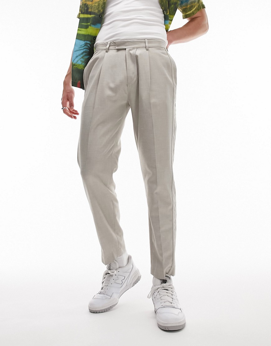Topman tapered linen mix trousers in stone-Neutral