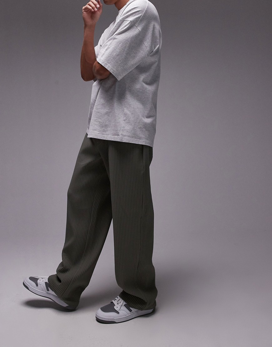 Topman wide leg plisse trousers in khaki-Neutral
