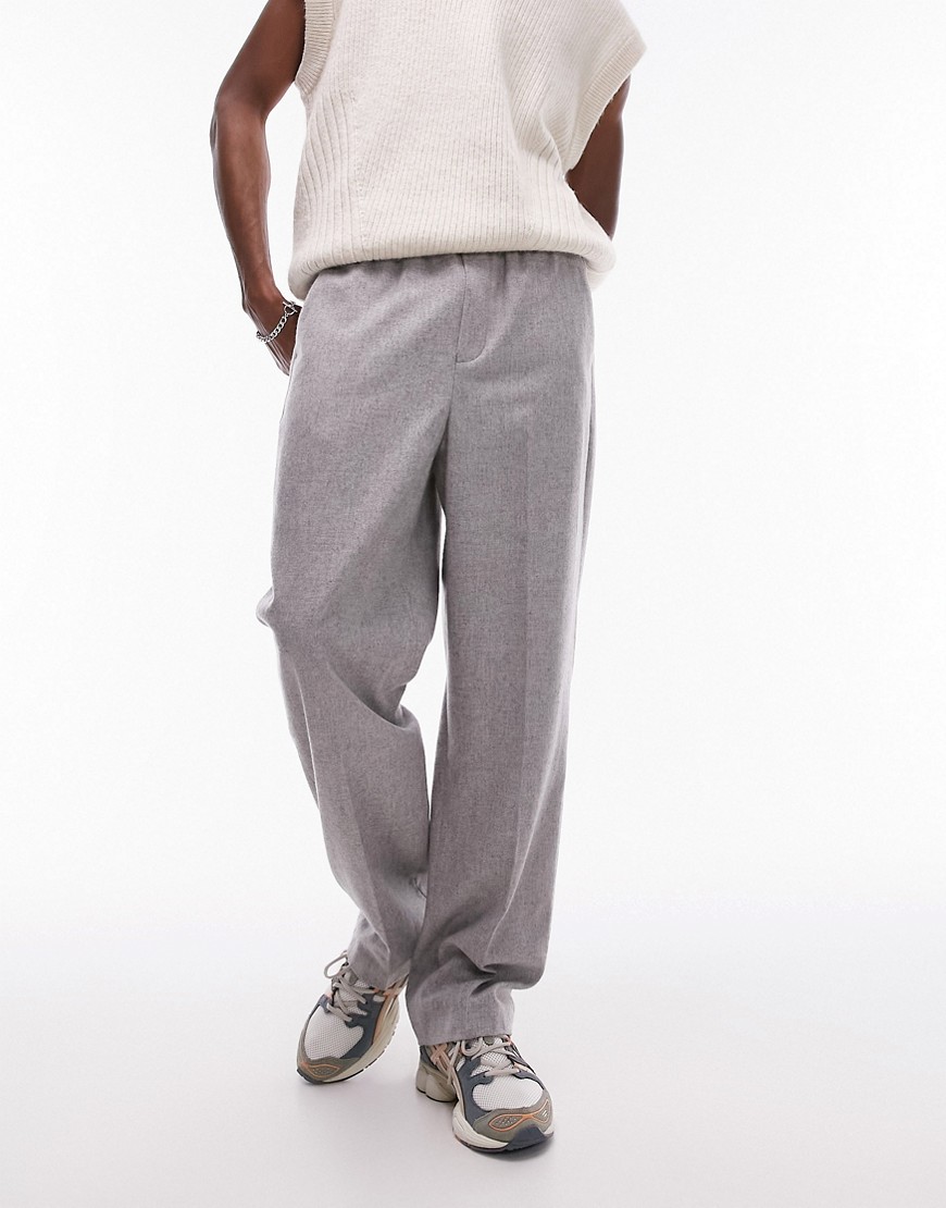 Topman wide leg wool mix elasticated waistband trousers in grey