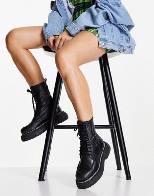 Apis leather chunky lace up boots in black