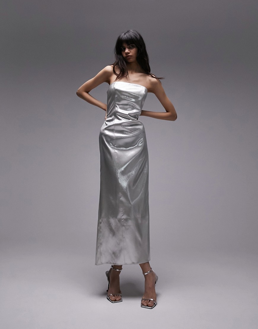 Topshop bandeau metallic midi dress in silver