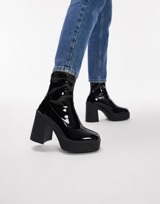 Bobbie platform heeled sock boot in black