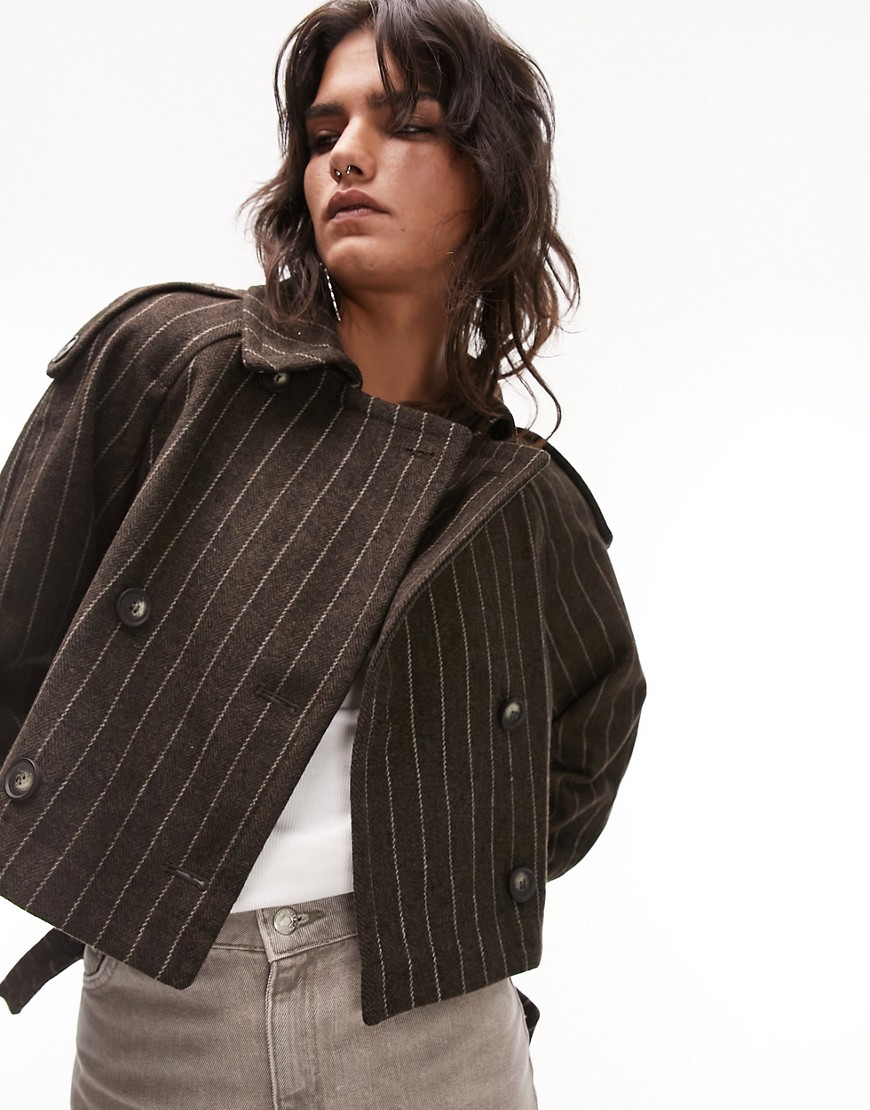 Topshop co-ord cropped wool trench in brown pinstripe