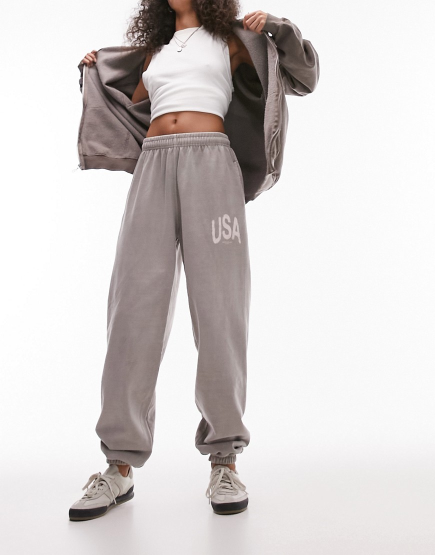 Topshop co-ord graphic blurred USA vintage wash oversized jogger in taupe-Neutral