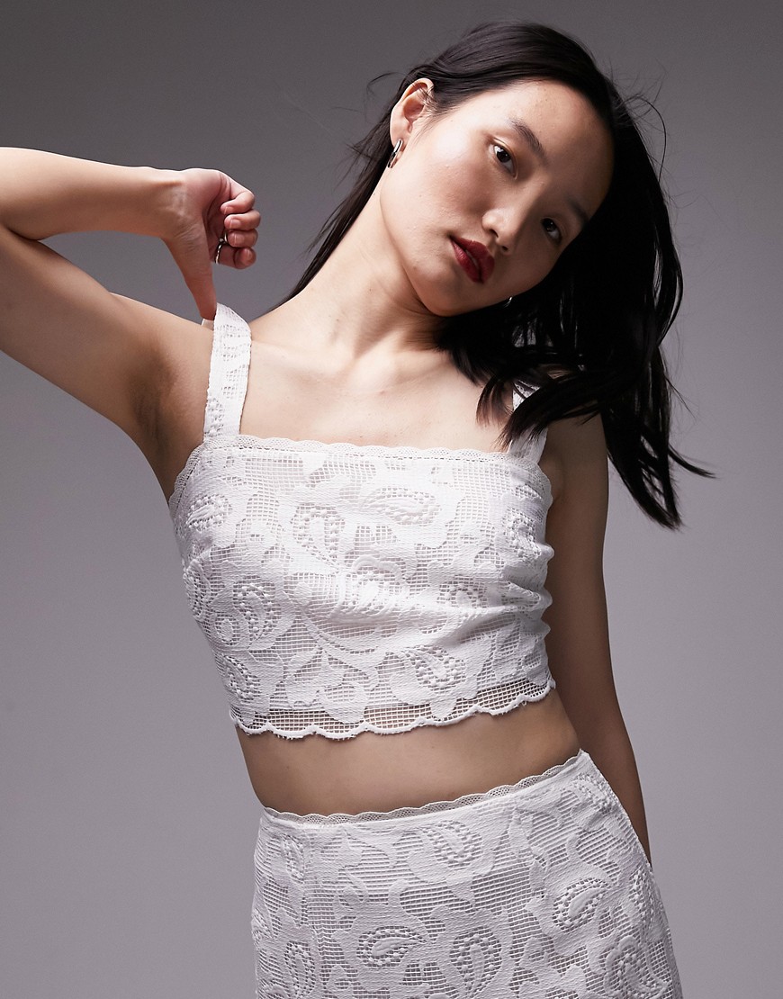 Topshop co-ord lace detail cropped top in ivory-White