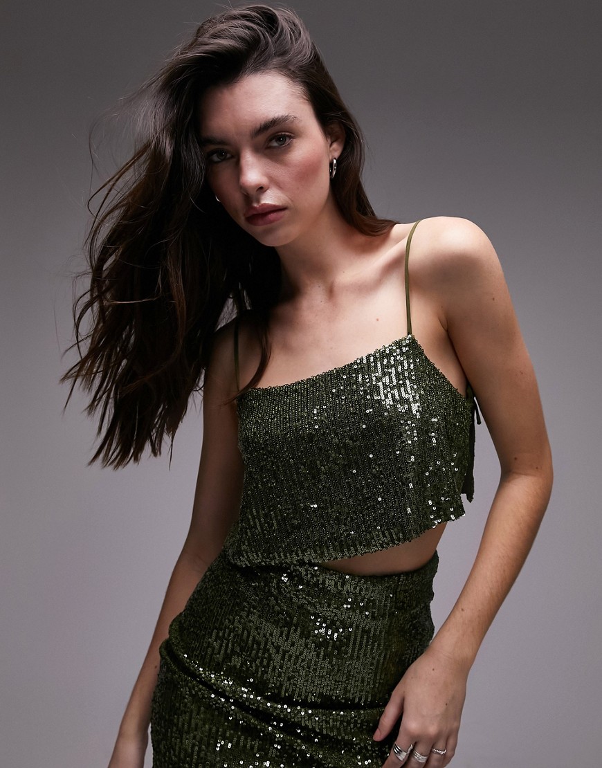 Topshop co-ord sequin crop cami in green