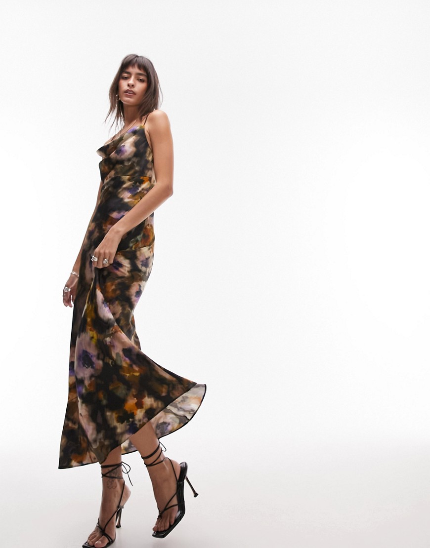 Topshop cowl neck cami slip maxi dress in blurred floral print-Multi